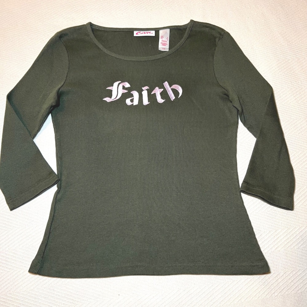 Curve Vintage‎ Y2K Faith Graphic Top Olive Green Pink Gothic 3/4 Sleeve Small